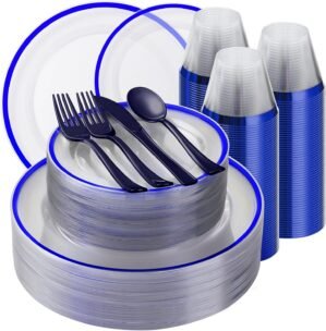 350PCS Blue and Clear Plastic Dinnerware Sets for 50 Guests, Include 100 Blue Disposable Plates, 100 Forks, 50 Knives, 50 Spoons, 50 Cups
