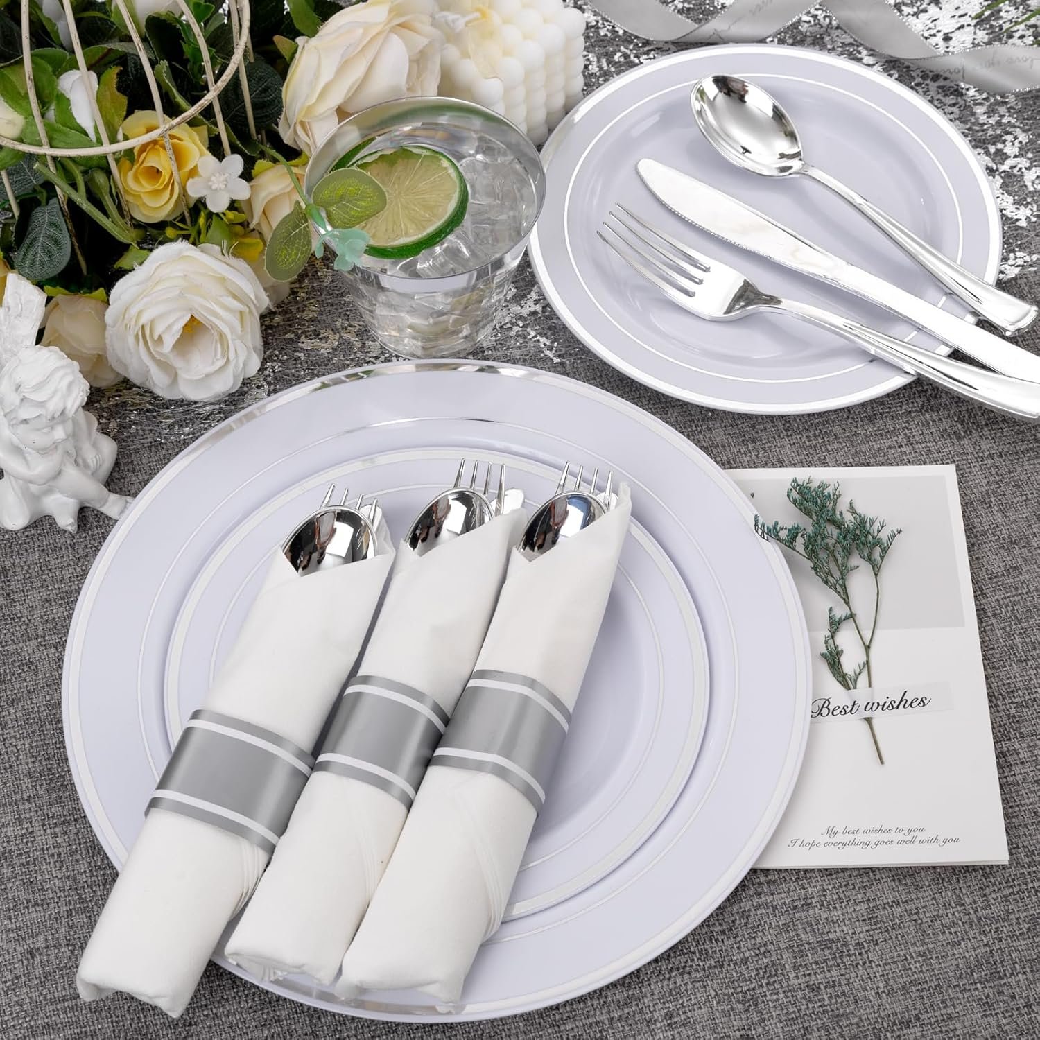 WELLIFE 350Pcs Silver Plastic Plates - Disposable Silverware, Include: 50 Dinner Plates 10.25”, 50 Dessert Plates 7.5”, 50 Silver Rim Cups 9 OZ, 50 Pre Rolled Napkins with Silver Silverware - Image 4
