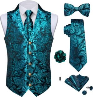 DiBanGu Silk Paisley Vest for Men Wedding Waistcoat and Necktie Bowtie Lapel Pin Set 7PCS Dress Vests for Suit or Tuxedo