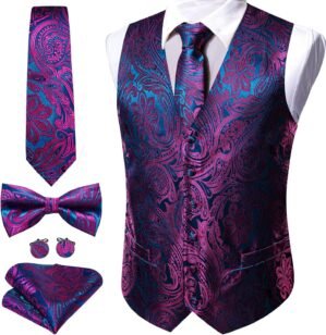 Barry.Wang Men’s Suit Vest Tie and Bow Tie Set Formal Solid Paisley Handkerchief Cufflink Woven Wedding Party Waistcoat