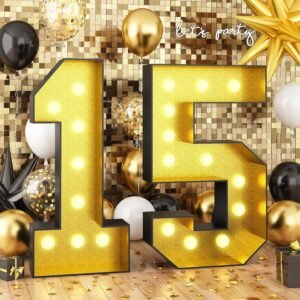 Number 15 Marquee, 4FT Light Up Numbers Black Gold Large Light Up Number Mosaic Numbers for 15th Birthday, Giant Light Up Number 4 Feet Tall DIY Frame Pre-Cut Foam Board Kit for Graduation Anniversary