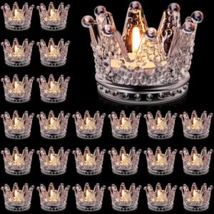 24 Pcs Clear Votives Crown Candle Holders Glass Crown Tealight Candle Holders Bulk Candlestick for Tables Centerpieces Wedding Valentine’s Day Party Decoration(Clear Style)