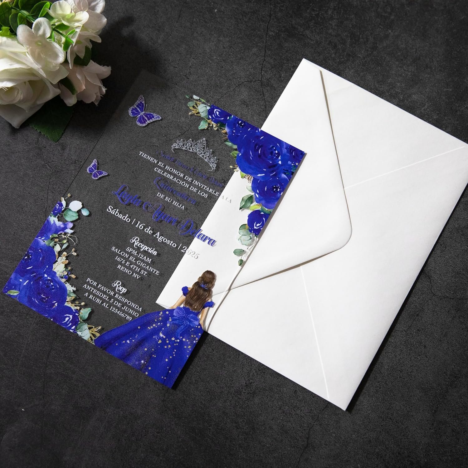 20 PCS Butterfly Personalized Clear Acrylic Quinceanera Invitation, Customized XV Anos, 15 Anos 5x7 Invitation Cards with Envelopes, Pricess Girl Floral Printed (Royal Blue) - Image 6