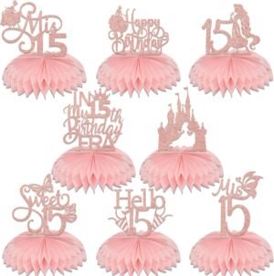 Double-sided Mis 15 Honeycomb Centerpieces, Princess 15th Birthday Decorations for Girls, Hello 15 Cheers to 15 Years Old Party Decor Supplies Rose Gold 8 Pcs