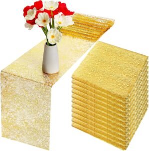 Tudomro 12 Pieces Gold Table Runner 11 x 84 Inch Metallic Thin Mesh Table Runner Roll Glitter Gold Table Decor Gold Wedding Party Table Runner for Christmas Event Party, Banquet, Birthday Supplies