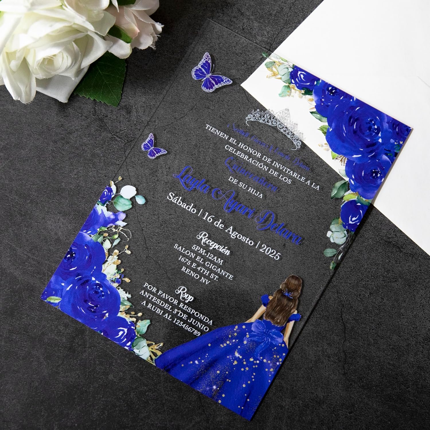 20 PCS Butterfly Personalized Clear Acrylic Quinceanera Invitation, Customized XV Anos, 15 Anos 5x7 Invitation Cards with Envelopes, Pricess Girl Floral Printed (Royal Blue) - Image 5