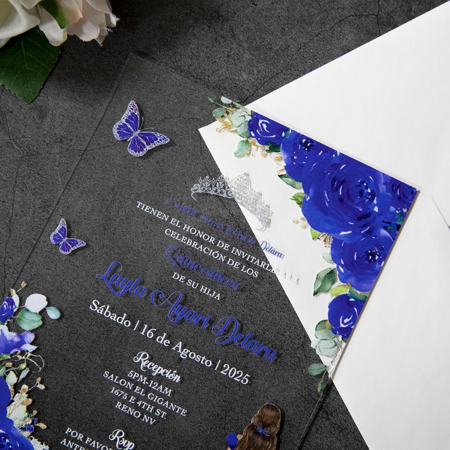 20 PCS Butterfly Personalized Clear Acrylic Quinceanera Invitation, Customized XV Anos, 15 Anos 5x7 Invitation Cards with Envelopes, Pricess Girl Floral Printed (Royal Blue) - Image 4