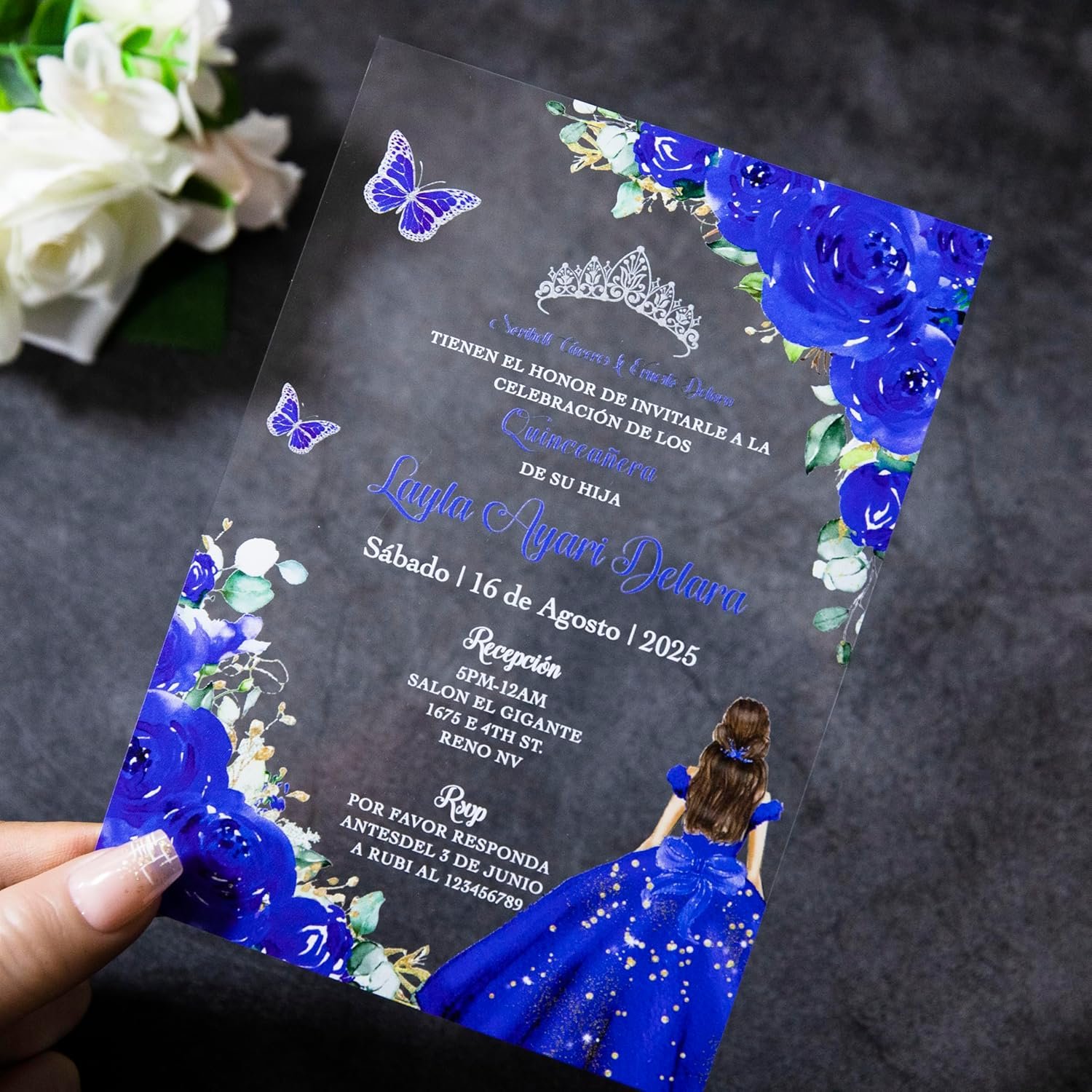 20 PCS Butterfly Personalized Clear Acrylic Quinceanera Invitation, Customized XV Anos, 15 Anos 5x7 Invitation Cards with Envelopes, Pricess Girl Floral Printed (Royal Blue)