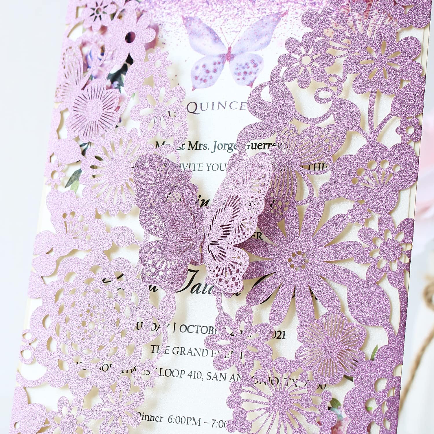 Hosmsua 5.1x7.3'' 50PCS Purple Glitter Quinceanera Invitation Kit Laser Cut Flora Butterfly Invitation Cards Pocket with Envelopes for Bridal Shower Sweet 16 Wedding Invitation (Purple Glitter) - Image 6