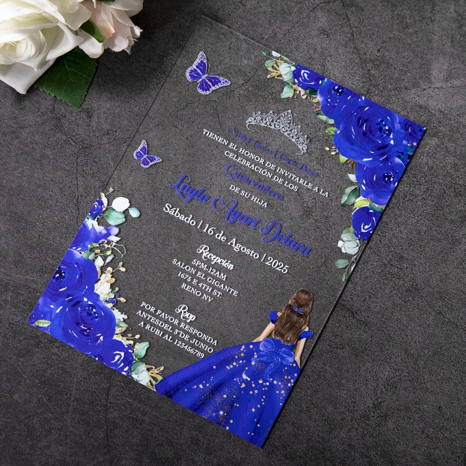 20 PCS Butterfly Personalized Clear Acrylic Quinceanera Invitation, Customized XV Anos, 15 Anos 5x7 Invitation Cards with Envelopes, Pricess Girl Floral Printed (Royal Blue) - Image 2