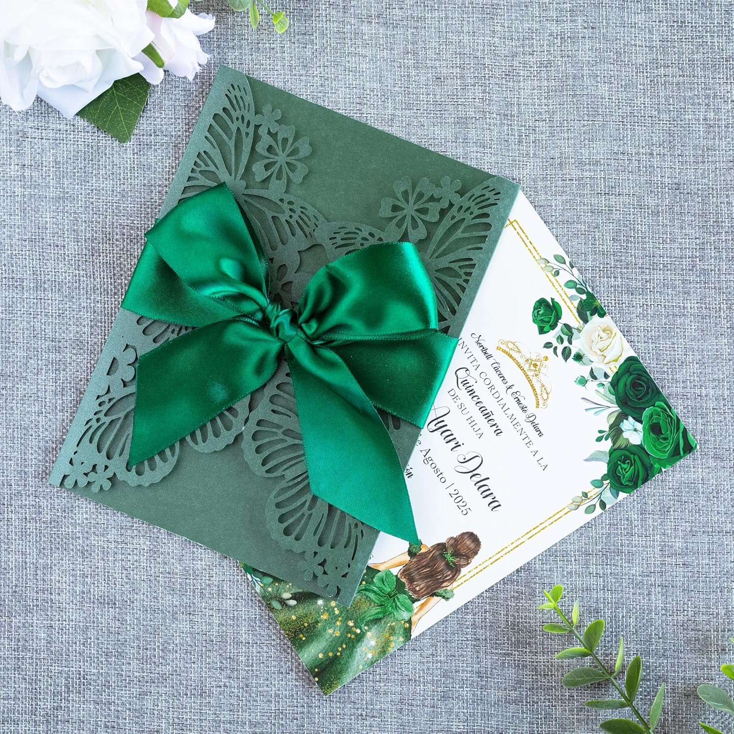 20 PCS 5.12x7.2 Butterfly Quinceanera Invitation, Laser Cut Wedding Invitation Cards with Envelopes for XV Anos Bridal Shower Baby Shower Invite (Emerald Green) - Image 4