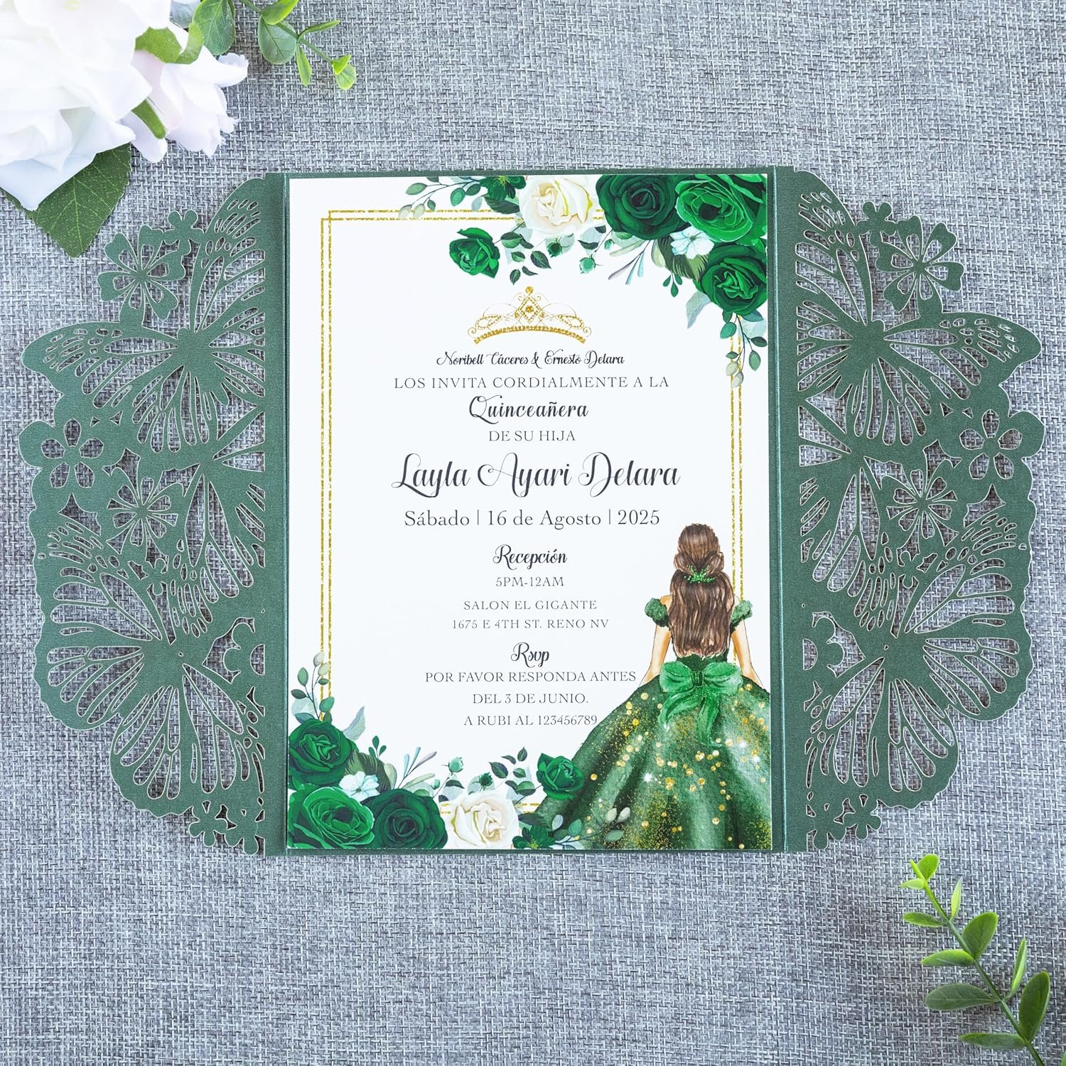 20 PCS 5.12x7.2 Butterfly Quinceanera Invitation, Laser Cut Wedding Invitation Cards with Envelopes for XV Anos Bridal Shower Baby Shower Invite (Emerald Green) - Image 5